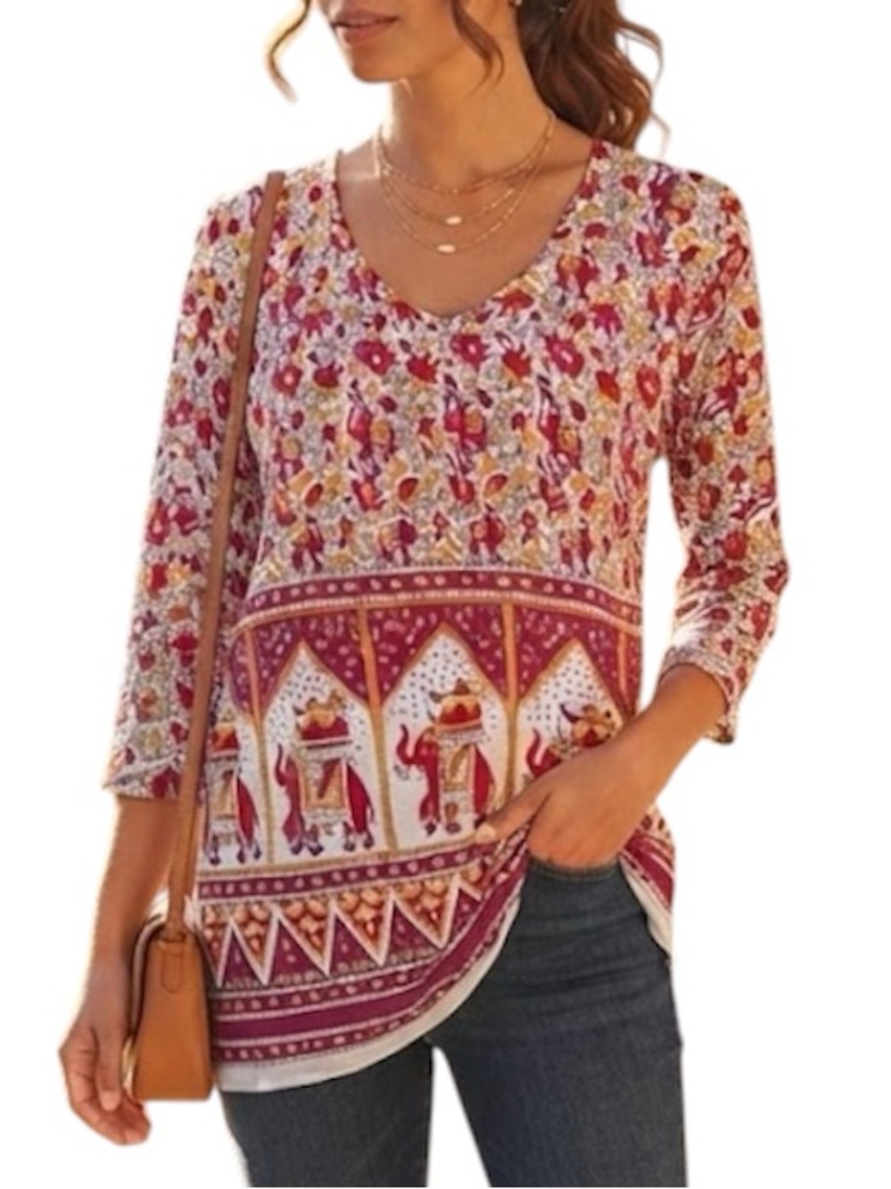 VINTAGE BOHO Red Purple Elephant Print Tunic Top Small